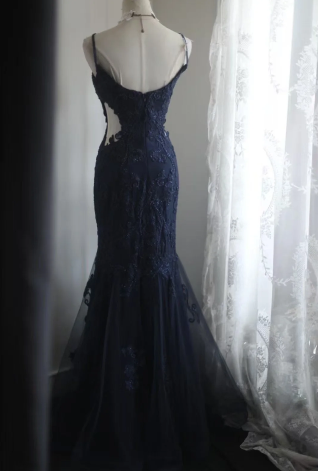 Elegant Spaghetti Straps Navy Blue Tulle Lace Appliques Mermaid Evening Dress Birthday Outfits - View 8 | FashionDia