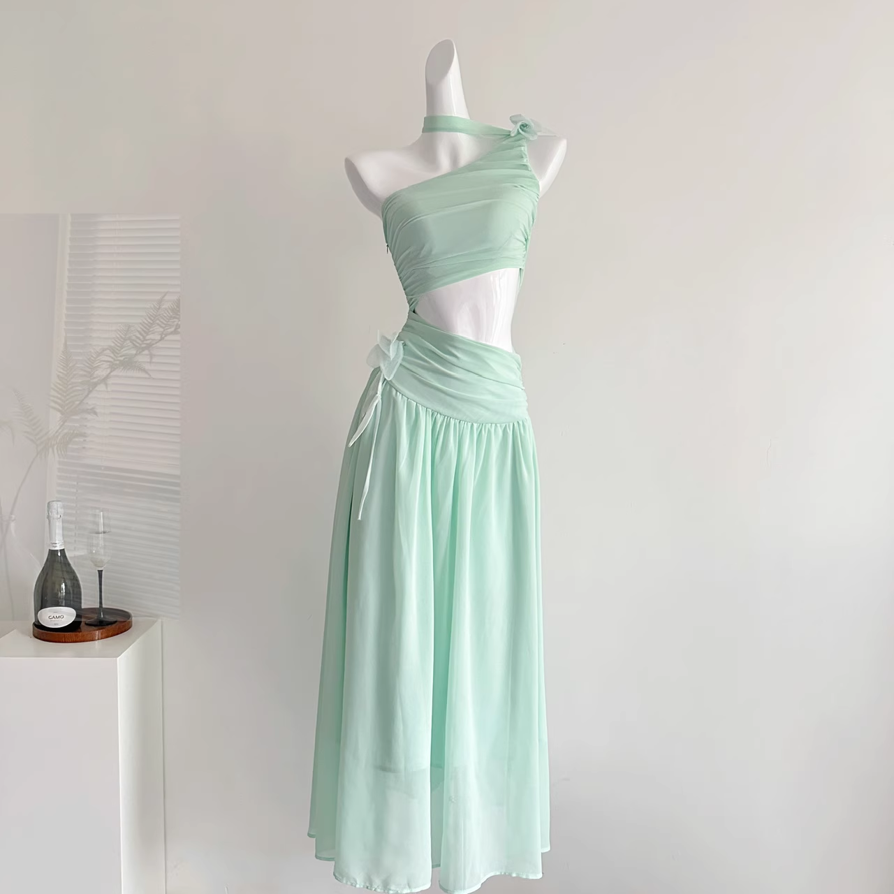 Sexy Mint Green One Shoulder Chiffon Vacation Dress Birthday Dress