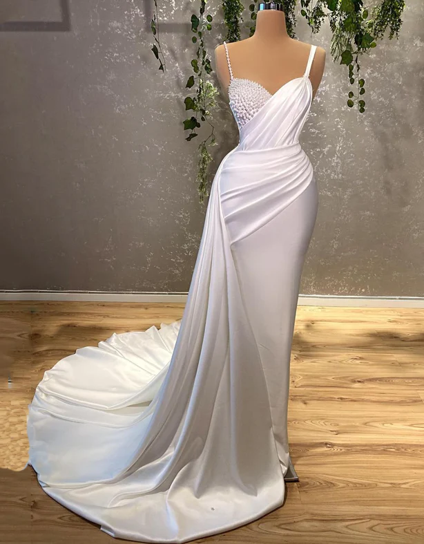 Wedding Dresses For Women Charming Sleeveless Pearls Bride Dress White