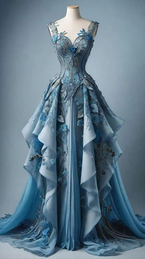 Vintage Blue Chiffon Appliques Prom Dress,Long A Line Party Evening Dress