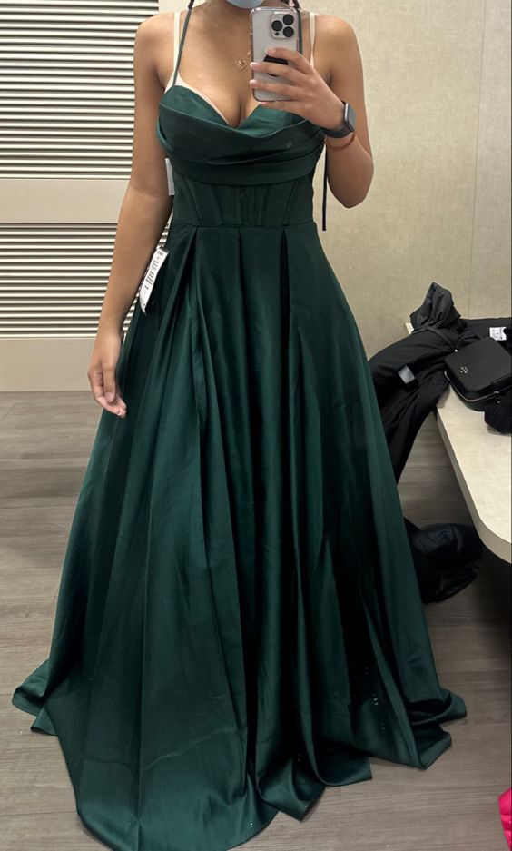 Green Satin Long Prom Dress, Long Green Formal Graduation Evening Dress