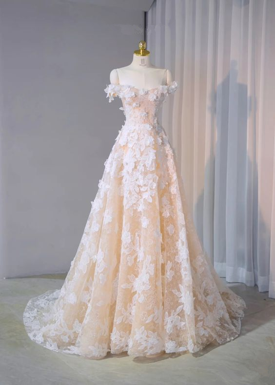 Champagne Prom Dress, Cathedral Train Wedding Dress, Flower Lace Prom Dress, Off-the-shoulder Gown, Bridal Dress - FashionDia