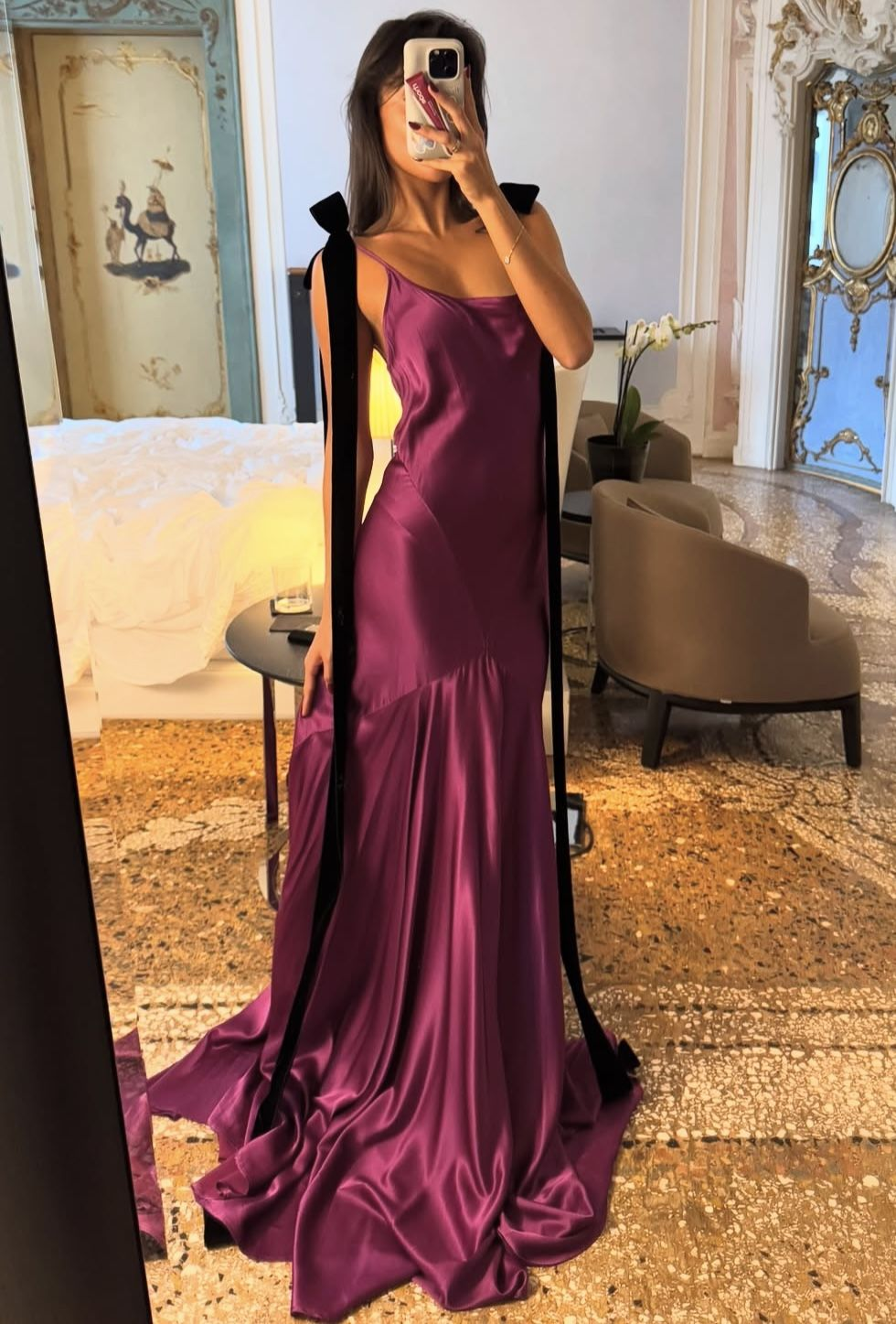 Elegant Purple Spaghetti Straps Satin Mermaid Long Evening Dress Wedding Guest Dress - FashionDia