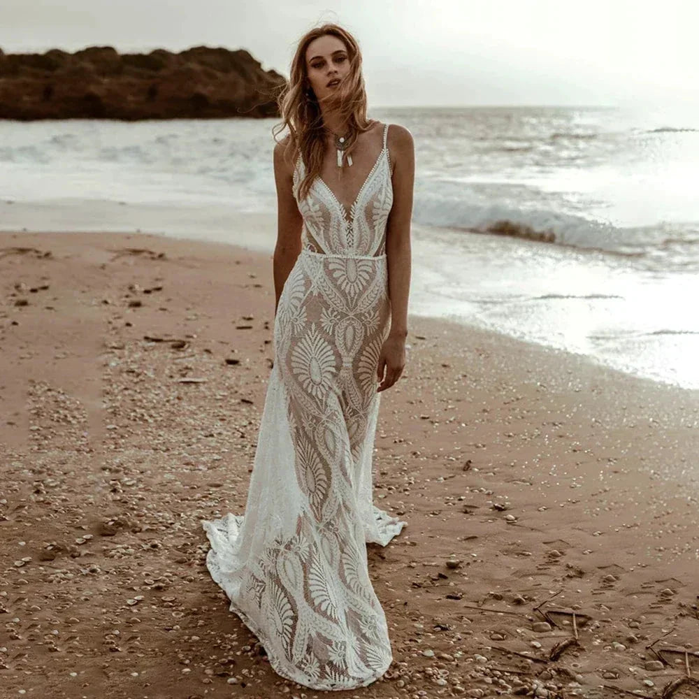 Sexy Lace V Neck Beach Mermaid Wedding Dresses 2023 Spaghetti Straps Sleeveless Bridal Dresses Backless Vestidos De Novia (ZD13456)