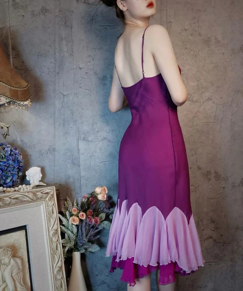 Vintage Spaghetti Straps Purple Satin Mermaid Evening Dress Long Wedding Guest Dress
