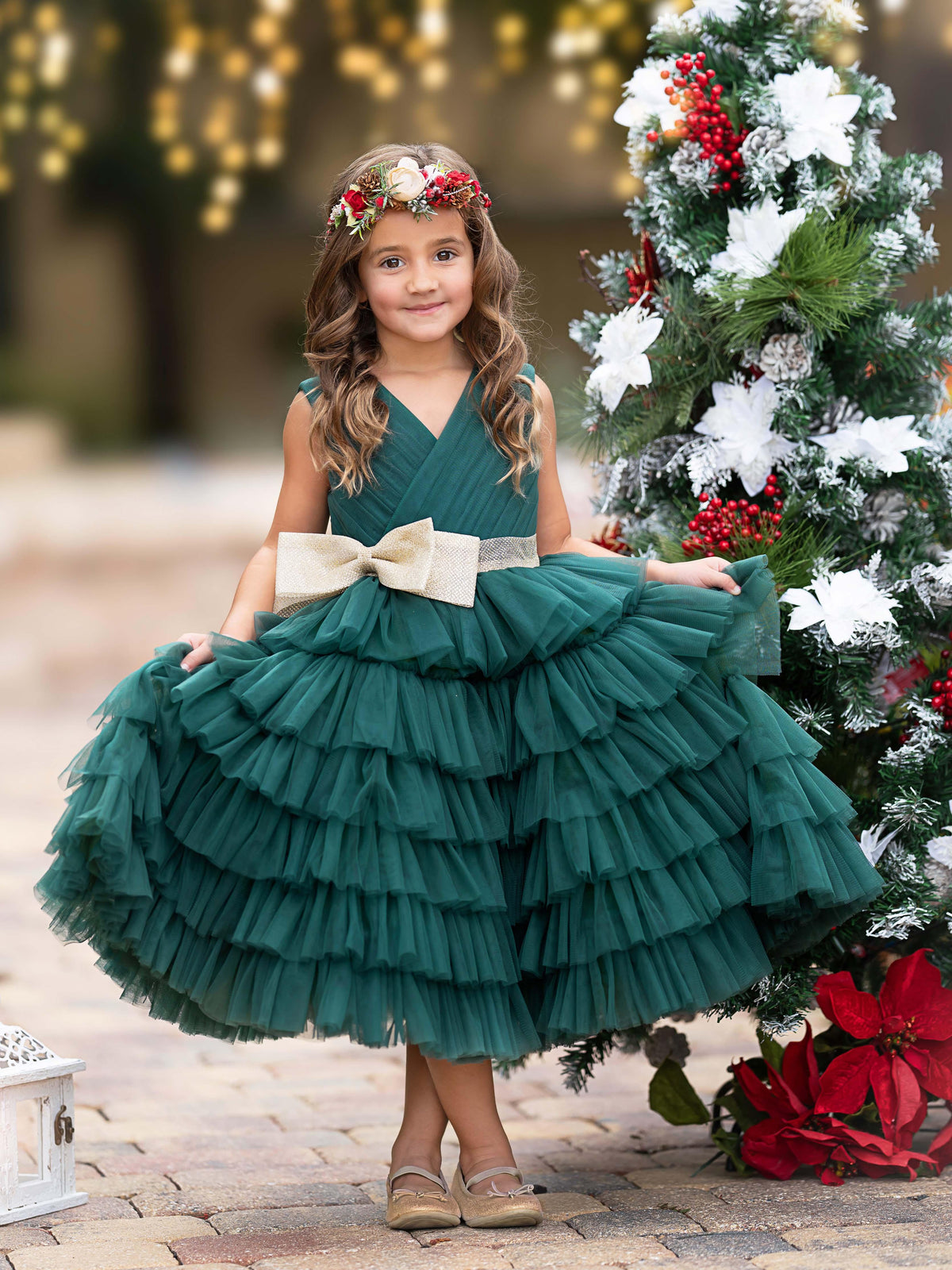 Enchanting Dark Green Tulle Ruffled Dress with Gold Bow - VelvetHem