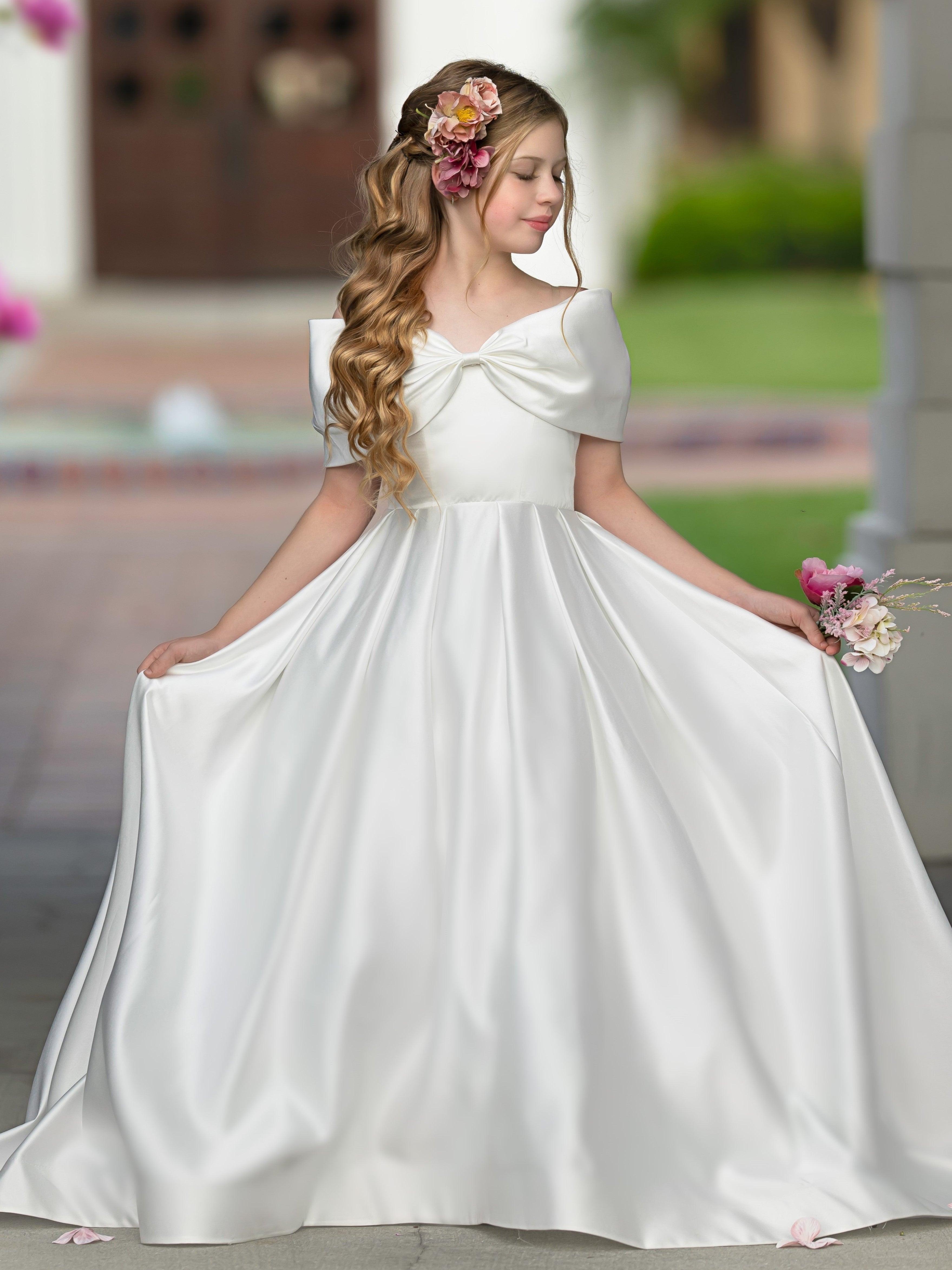 Elegant Ivory Satin Princess Ball Gown with Sweep Train and Bow for Flower Girls - View 2 | VelvetHem