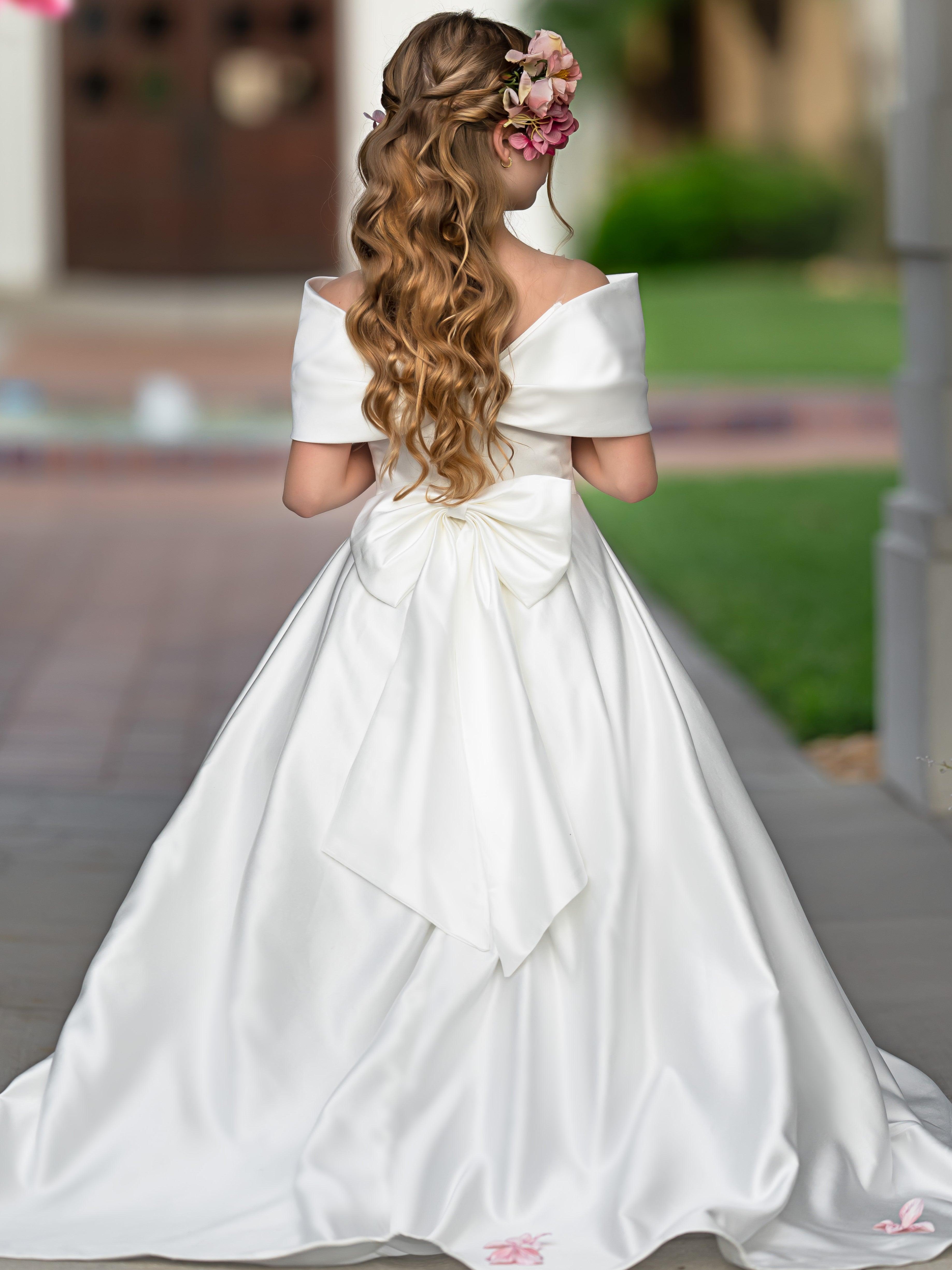 Elegant Ivory Satin Princess Ball Gown with Sweep Train and Bow for Flower Girls - View 3 | VelvetHem