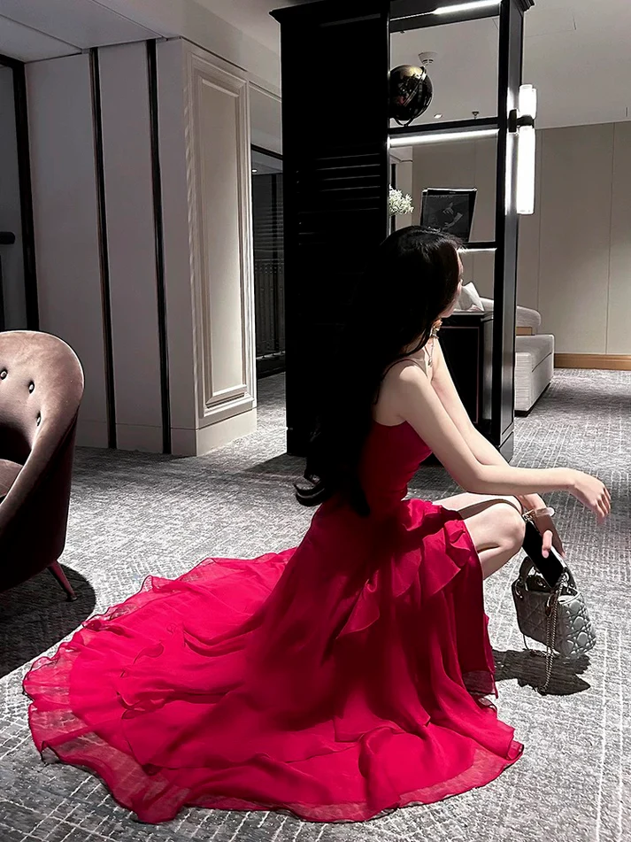 Beautiful Red Chiffon Layered Evening Dress Spaghetti Straps Prom Party Dress - View 3 | FashionDia