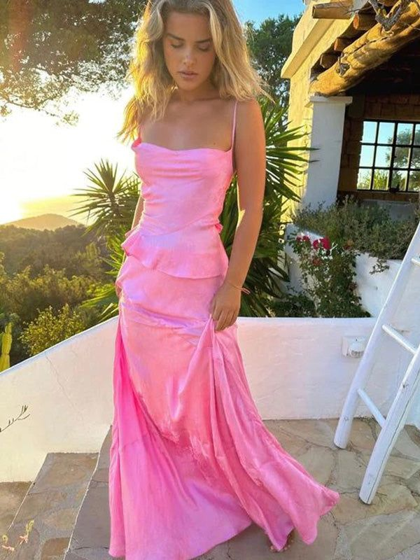 Charming Spaghetti Straps Pink Long Prom Dress Mermaid Evening Dress - FashionDia