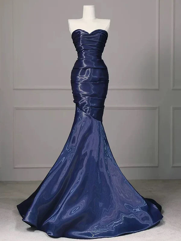 Gorgeous Strapless Navy Blue Evening Dress Ruched Mermaid Prom Party Dress - FashionDia
