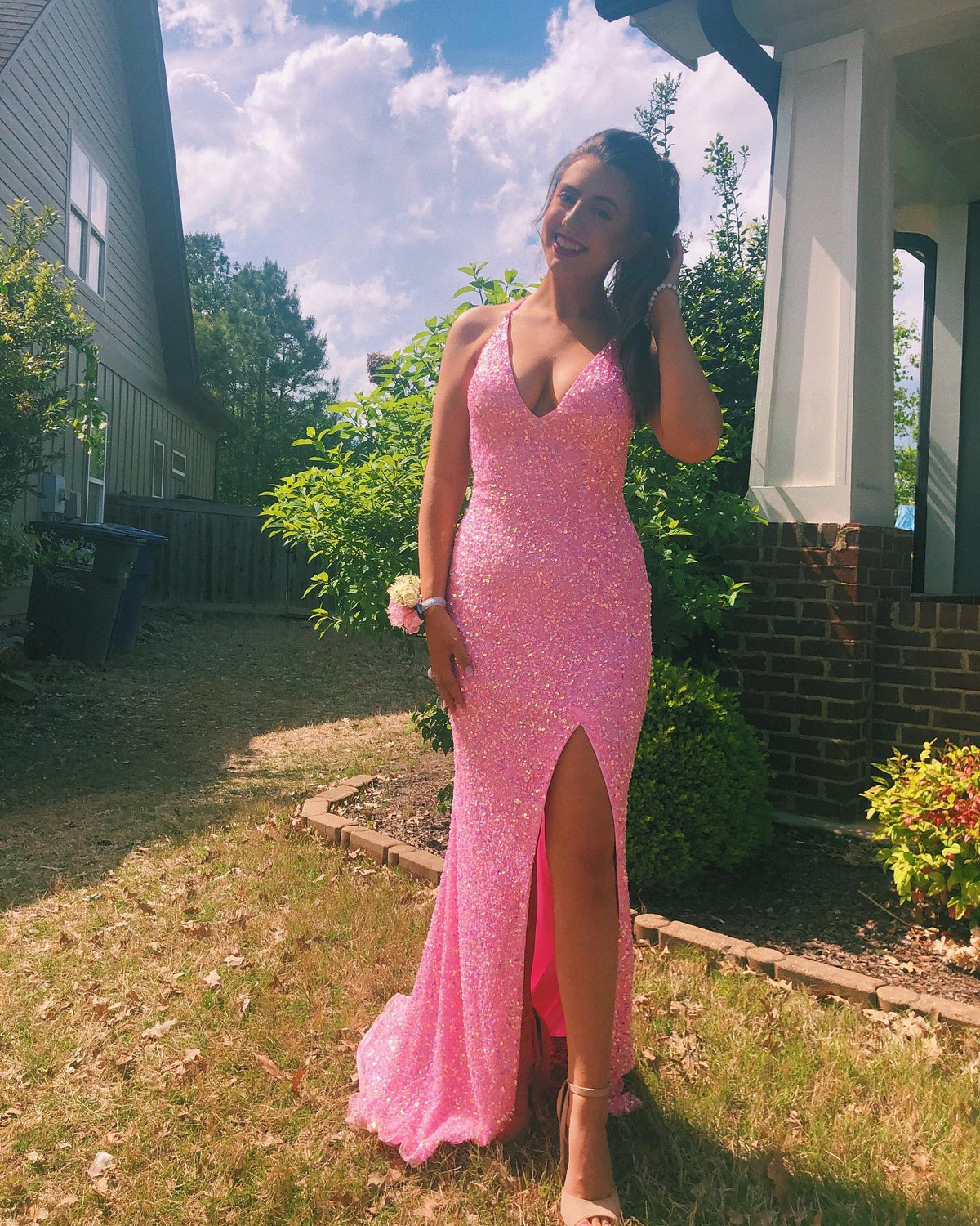 Pink Halter Neckline Sequins Prom Dress Sexy Evening Dress Side Slit Y268 - View 3 | VelvetHem