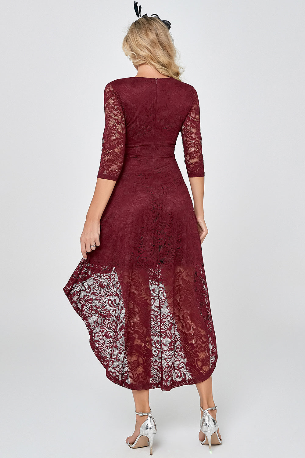 Burgundy High Low Lace Bridesmaid Dress with Sleeves