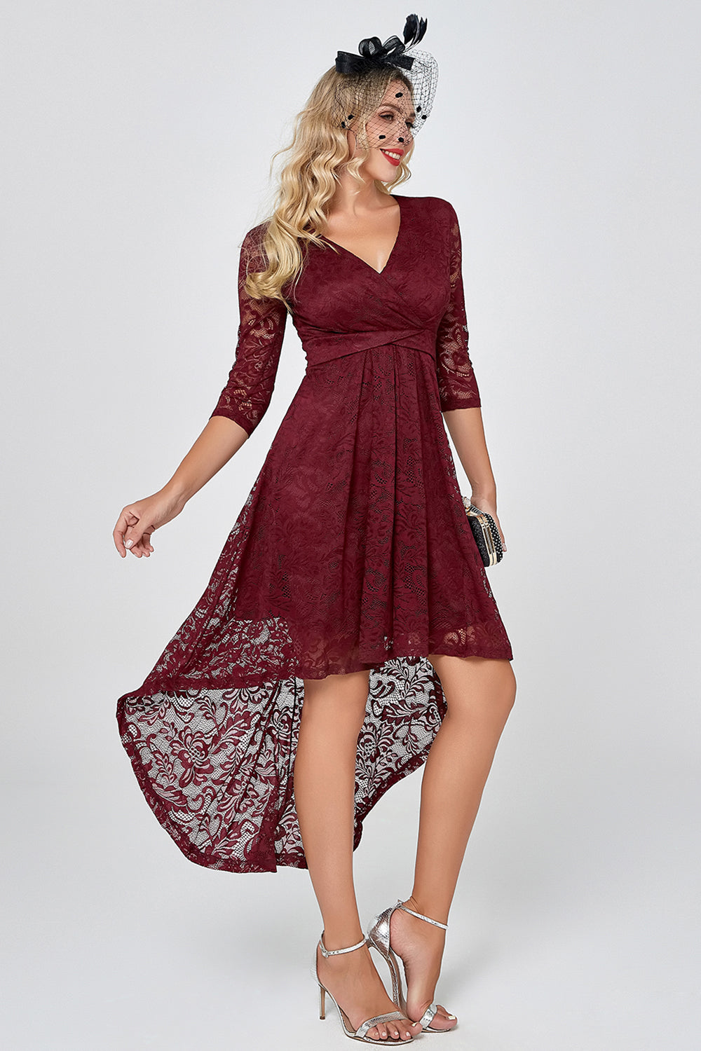 Burgundy High Low Lace Bridesmaid Dress with Sleeves