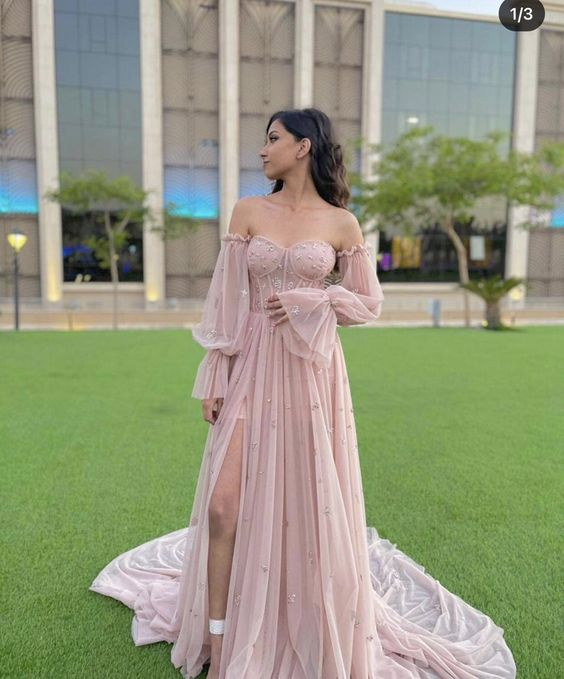 A-line Pink Unique Modest Long Sleeves Formal Prom Dress