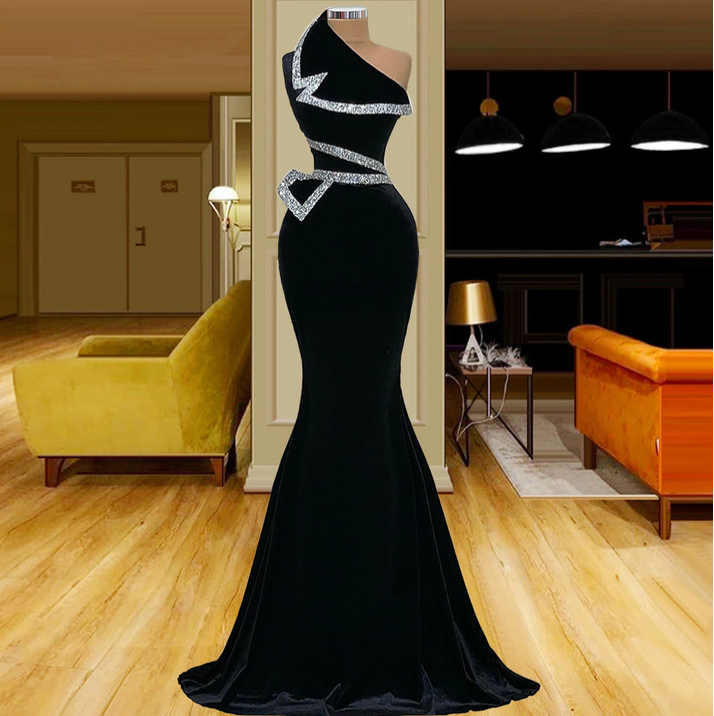 Asymmetrical Black Velvet Mermaid Formal Evening Dress - FashionDia