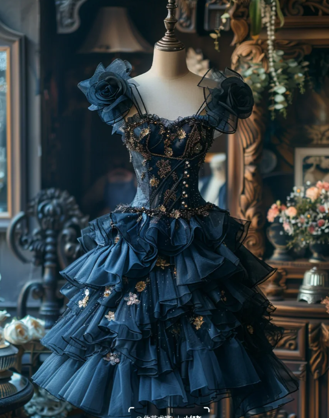 Vintage Sweetheart Neck Tulle Sequin Layered Navy Blue Formal Graduation Homecoming Dress Short Prom Dress - FashionDia