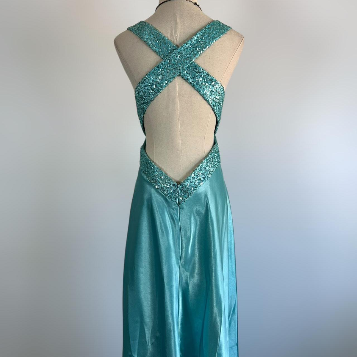 Blue V Neck Satin Sequin Formal Prom Dress Backless Evening Dress Y8548 - View 7 | VelvetHem