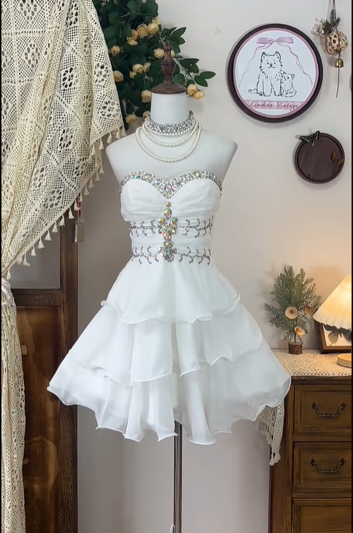 Vintage Strapless White Chiffon Beaded Short Birthday Dress Homecoming Dress