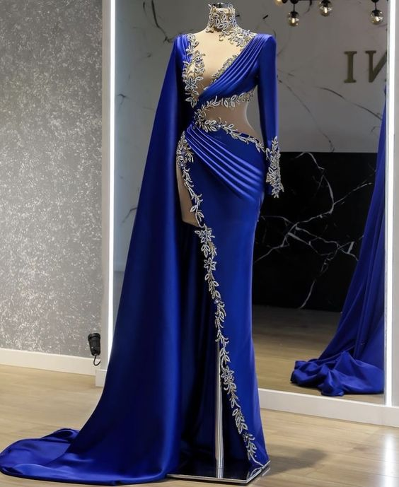 royal blue prom dresses, high neck prom dresses, Women Evening Dress Long Sleeve Blue Lace Appliques High Slit Arabic Style Prom Dress - FashionDia