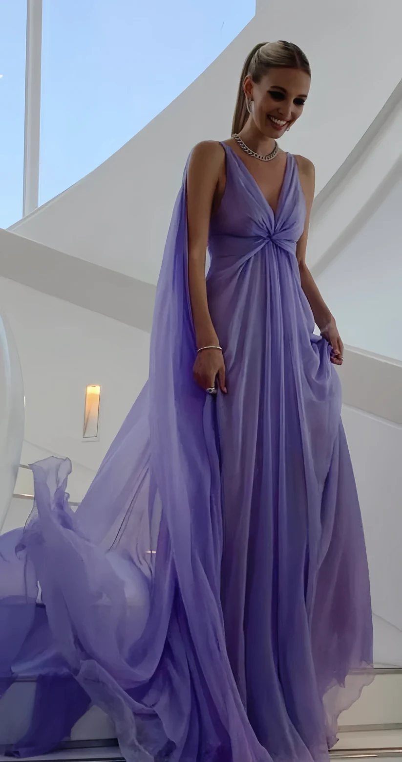 Simple Purple V Neck Tulle Prom Dress Long Evening Gown Y7774 - View 4 | VelvetHem
