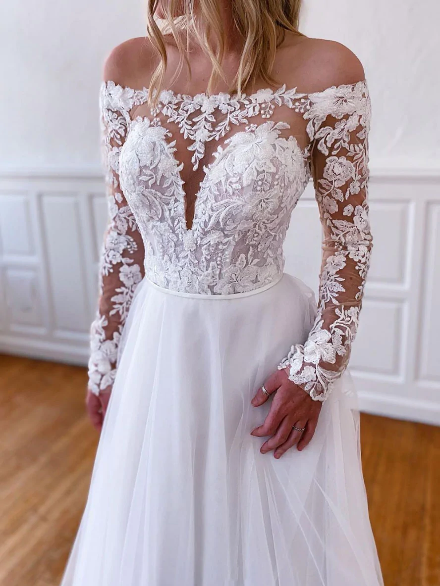 White lace tulle long prom dress, white lace tulle evening dress Y251 - View 2 | VelvetHem