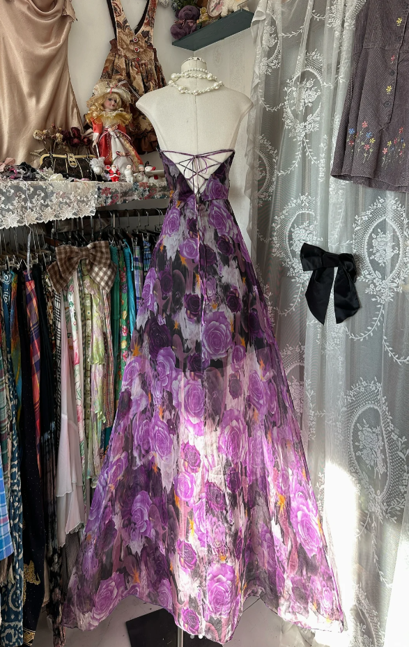 Charming Strapless Purple Chiffon Print Floral A Line Long Party Dress Birthday Prom Gown