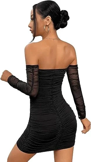 Women's Contrast Mesh Off The Shoulder Ruched Pencil Hem Fitted Homecoming Dress (ZD12021)