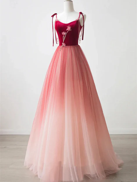 Unique Ombre Red Tulle Applique A Line Evening Dress Formal Prom Dress