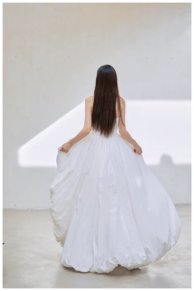 Charming Strapless White Satin Pleated Puff Birthday Party Dress Formal Prom Dresses - View 10 | FashionDia