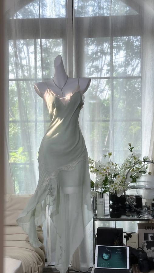 Sexy Light Green Chiffon Lace Pleated Mermaid Long Party Dress Prom Dresses - FashionDia