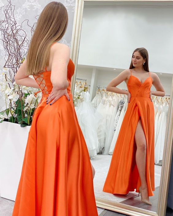 Simple A-line V Neck Orange Prom Dress,Orange Evening Dress