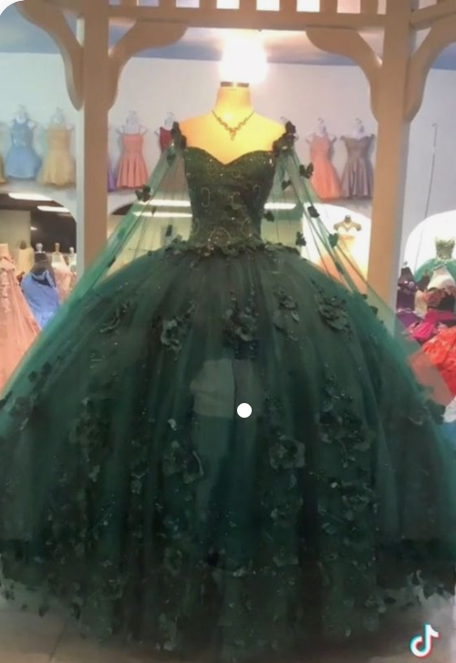 Emeral Green Ball Gown 3D Flowers Sweet 16 Dress - View 3 | FashionDia