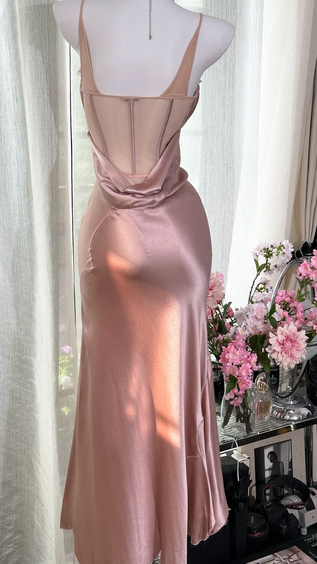 Elegant Spaghetti Straps Sweetheart Neck Pink Satin Mermaid Party Dress Long Birthday Prom Gown - View 4 | FashionDia