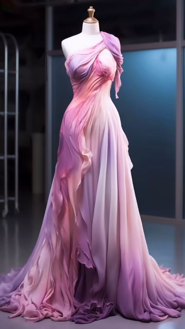 Glamorous One Shoulder Pink Ombre Chiffon Long Evening Dress,A Line Prom Party Dress