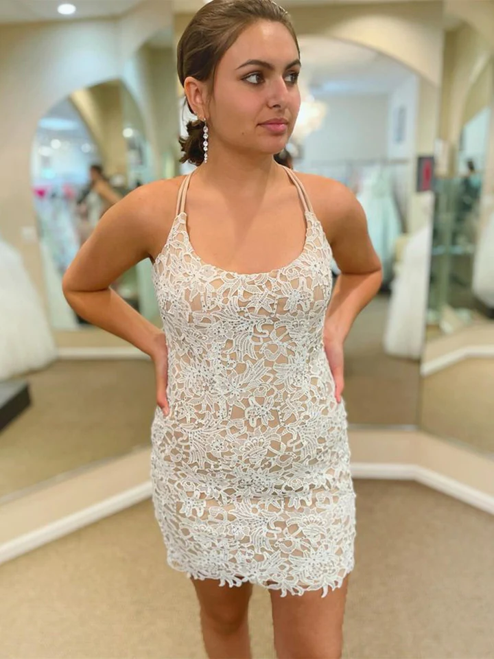 Champagne Lace Homecoming Dresses, Short Champagne Formal Graduation Evening Dresses - FashionDia