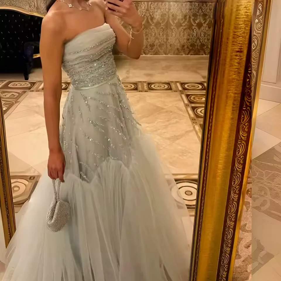 Classy Blue Tulle Sequins Evening Dress,Strapless Formal Prom Dress