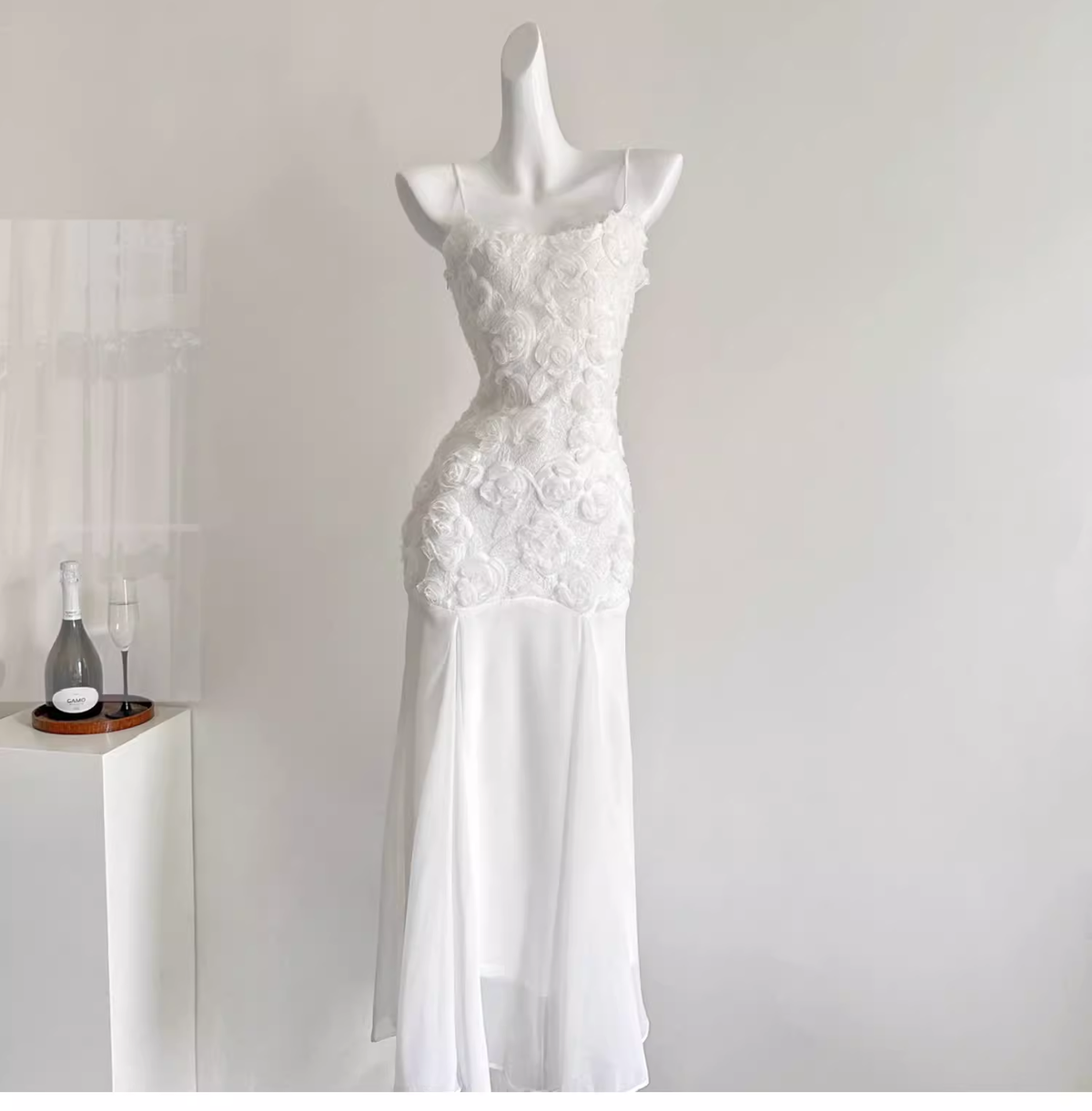 White Suspender Dress French Chiffon Waist Party Dress Mermaid Dress - FashionDia