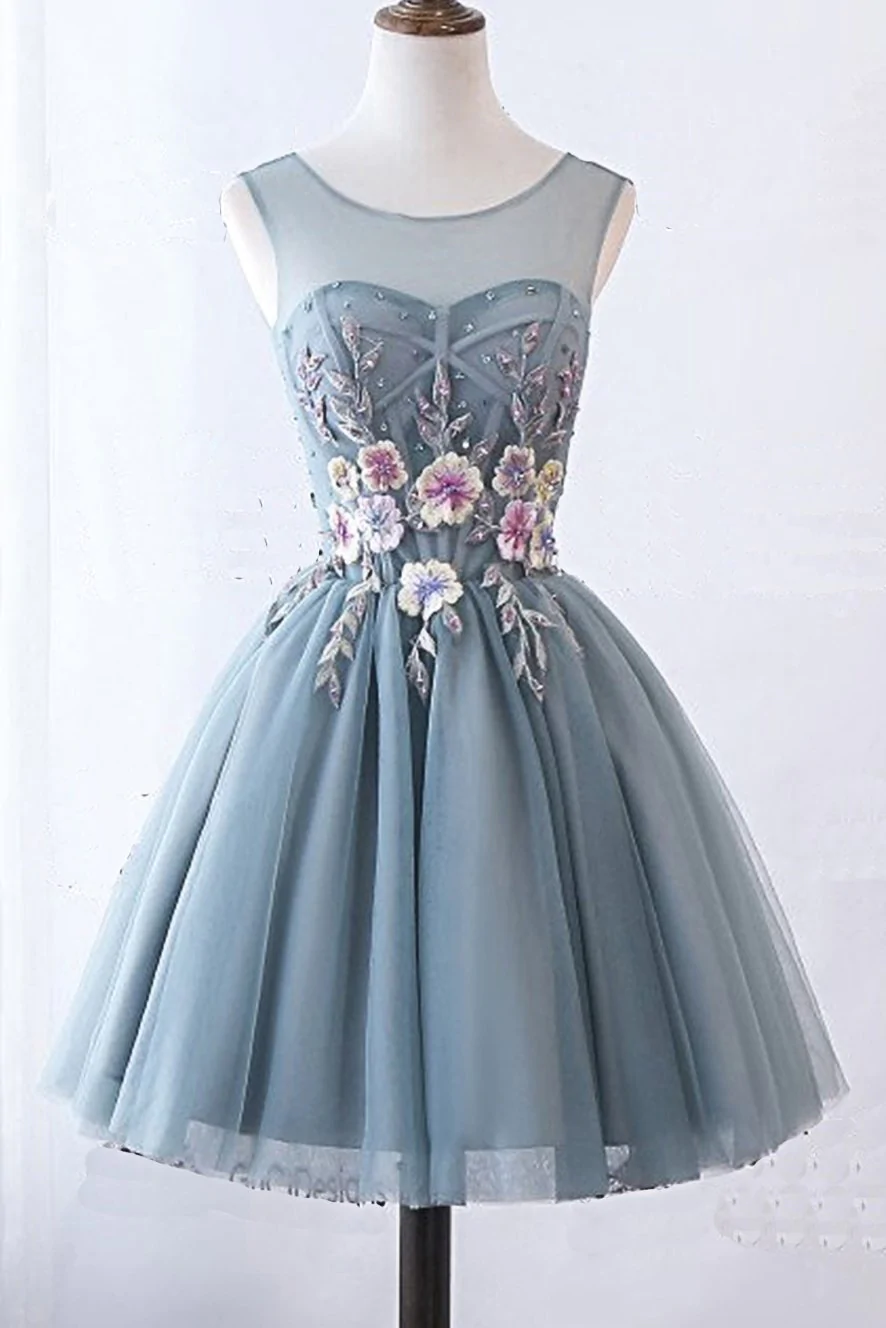 Illusion Round Neckline Grey Tulle Homecoming Dresses With Appliques - View 2 | FashionDia