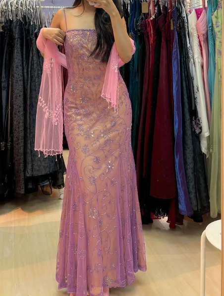 Gorgeous Spaghetti Straps Tulle Beaded Mermaid Evening Dress,Long Party Prom Dress