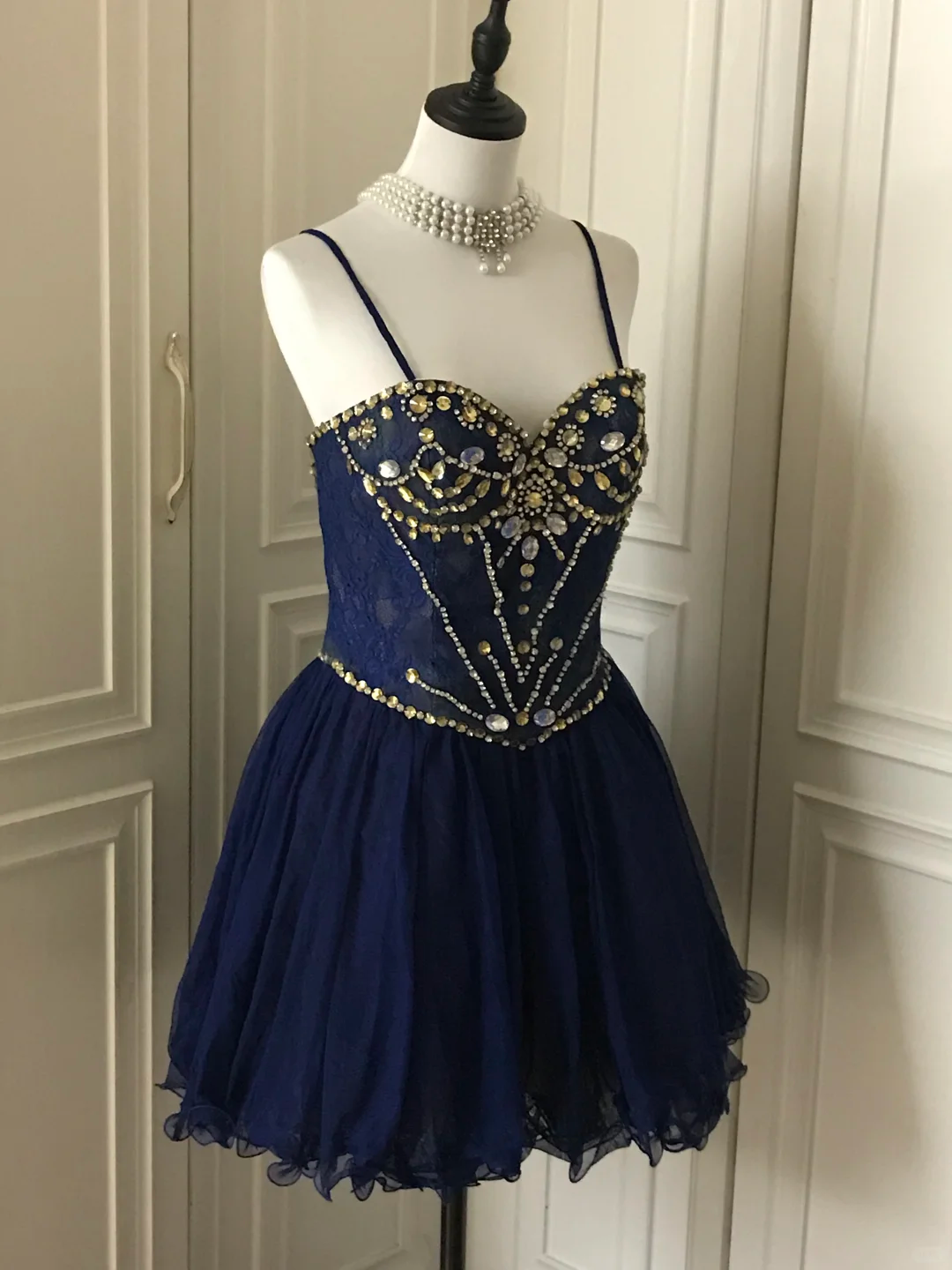 Vintage Navy Blue Lace Beaded A Line Homecoming Dress Short Party Dress