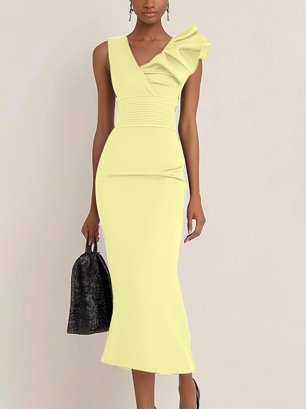 Work Semi-Formal Dress Green Sleeveless Ruffle Fitted Midi Dress - View 5 | FashionDia