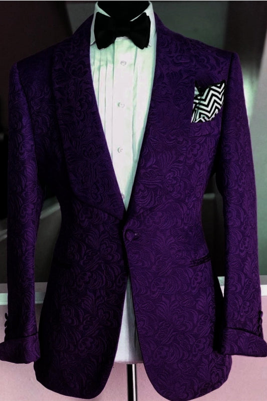 Dark Blue Jacquard Two Piece Shawl Lapel Wedding Suit