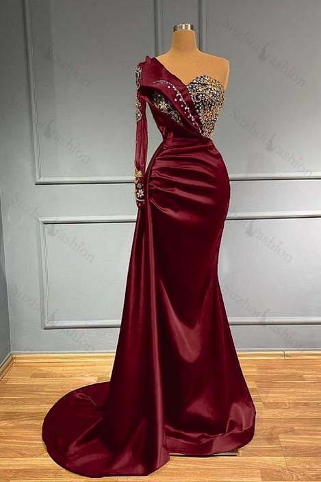 Dark Blue Prom Dress Long Sleeve One Shoulder Pleated Mermaid Evening Formal Dress With Beadings