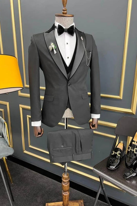 Dark Gray Peaked Lapel 3 Piece Classic Business Suit