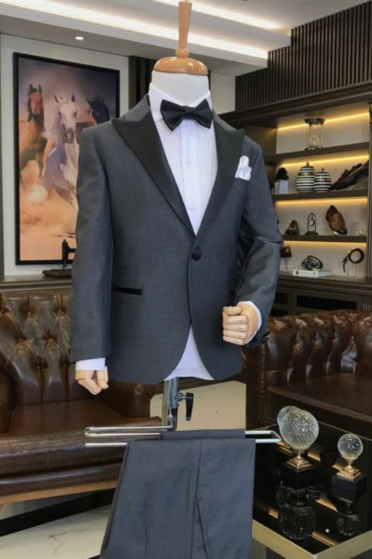 Dark Gray Two Piece Peaked Lapel Prom Suit