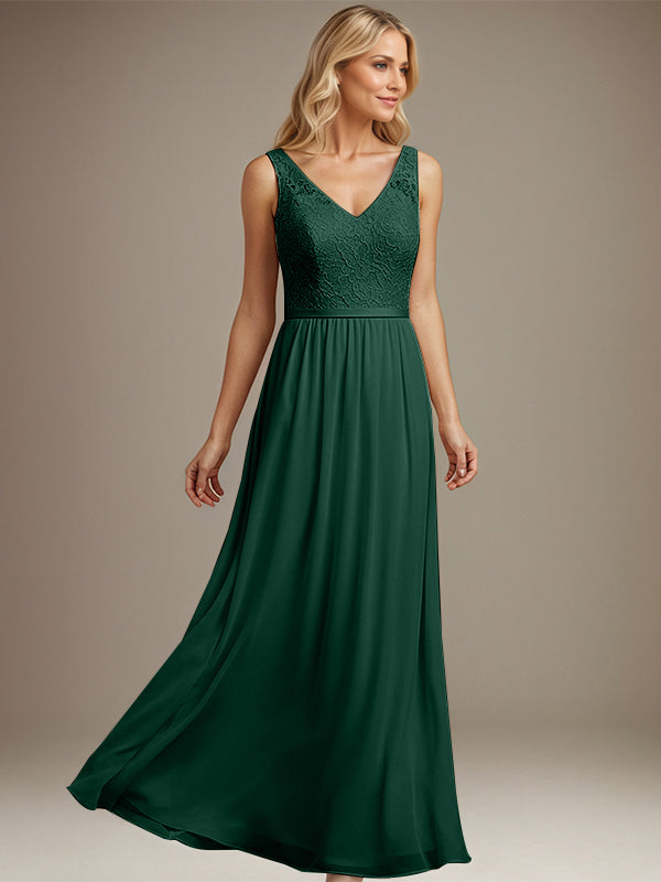 Dusty Blue A-Line V-Neck Floor-Length Lace Chiffon Mother of the Bride Dress - View 7 | FashionDia