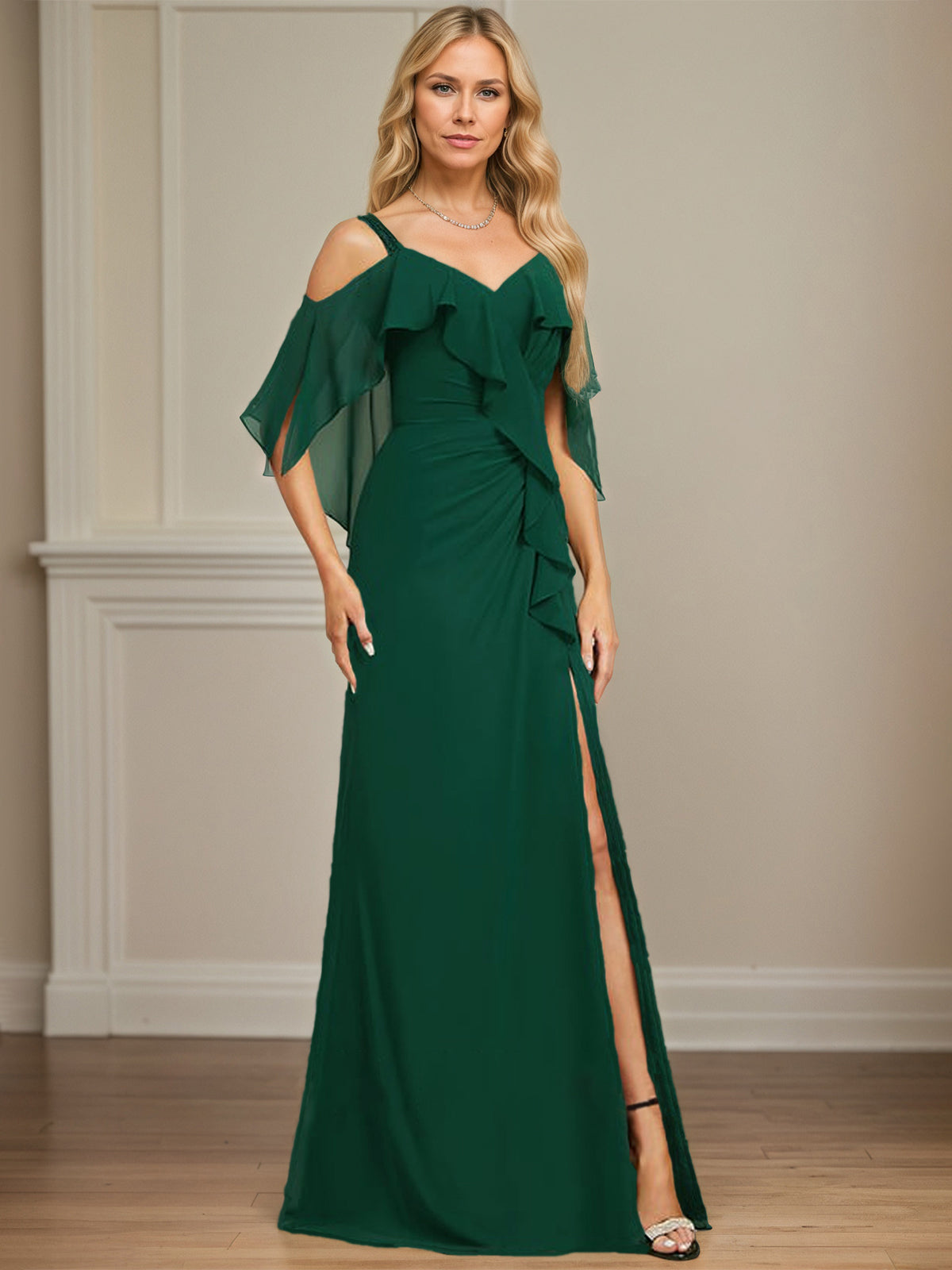 Sheath/Column Cold Shoulder V-Neck Floor-Length Chiffon Dress With Cascading Ruffles Sequins Beading - View 14 | FashionDia
