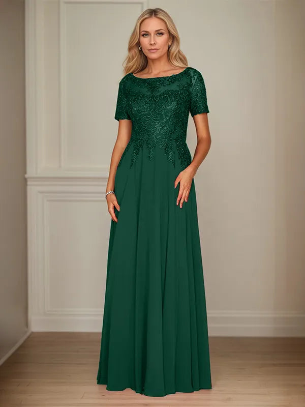 A-Line Chiffon Boat Neck Short Sleeves Floor-Length Mother of the Bride Dresses - View 10 | FashionDia