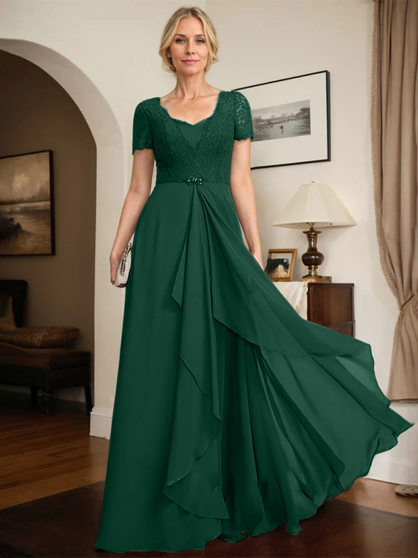 A-line Sweetheart Floor-Length Chiffon Lace Mother of the Bride Dress With Beading Cascading Ruffles - View 12 | FashionDia